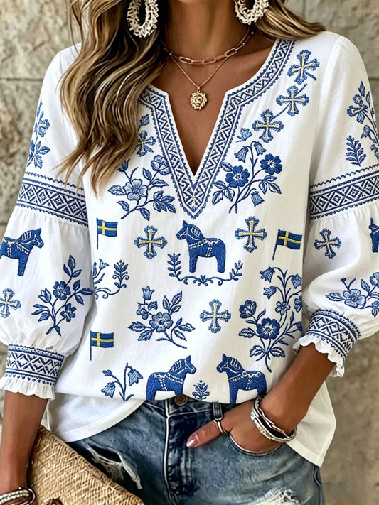 Dams Retro Svensk Midsommar Folkal Blus i Bomull-Linne