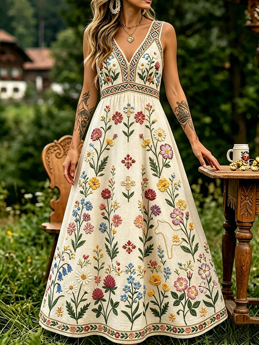 Dams Retro Svensk Midsommar Folkal Blommigt Bomull-Linne Klänning