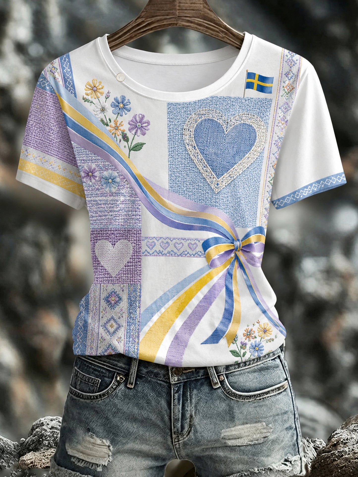 Damer Svensk midsommar- och nationaldagsminnestäckning konsttryckt t-shirt