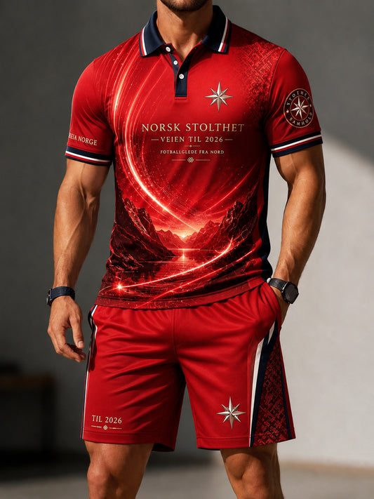 Retro norsk fotbollskasual pikétröjor och shorts-set