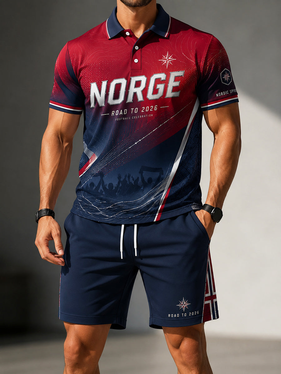 Retro norsk fotbollsgradient avslappnat poloshorts-set