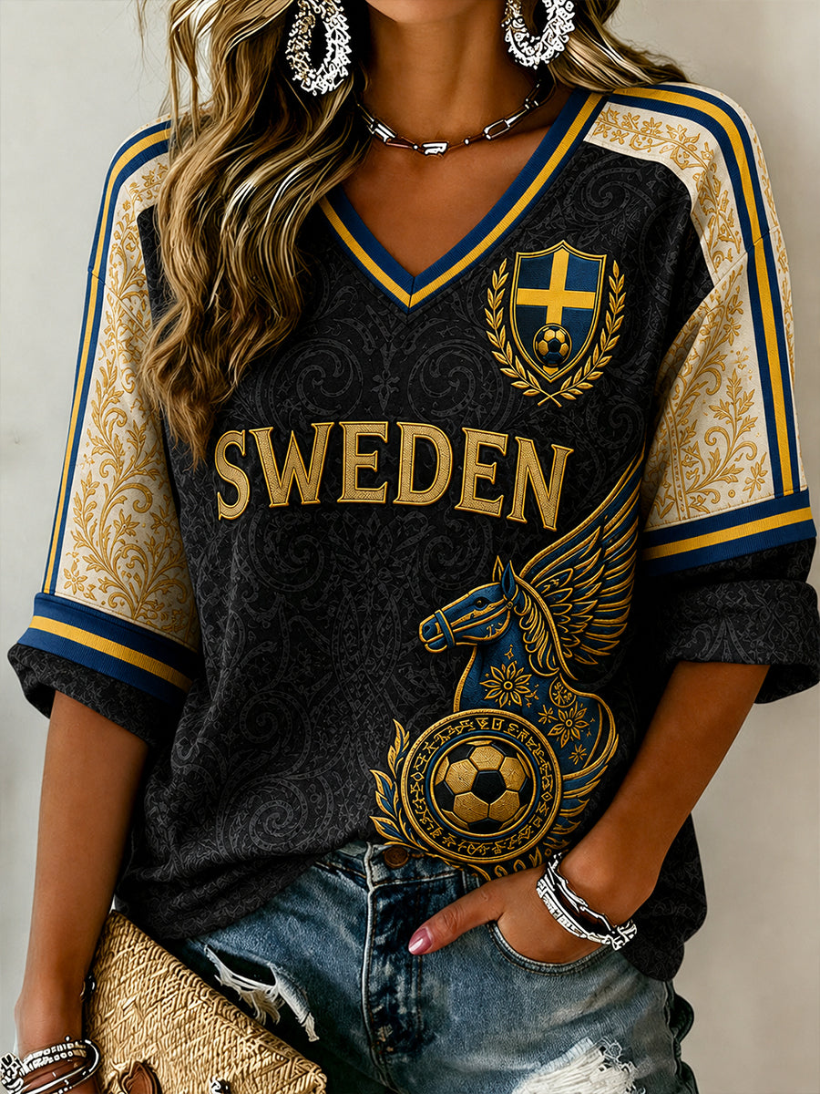 Retro nordisk-svensk fotbollsfanart-print avslappnad topp