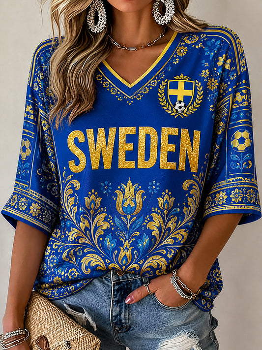 Retro nordisk-svensk fotbollsfanart-print avslappnad topp