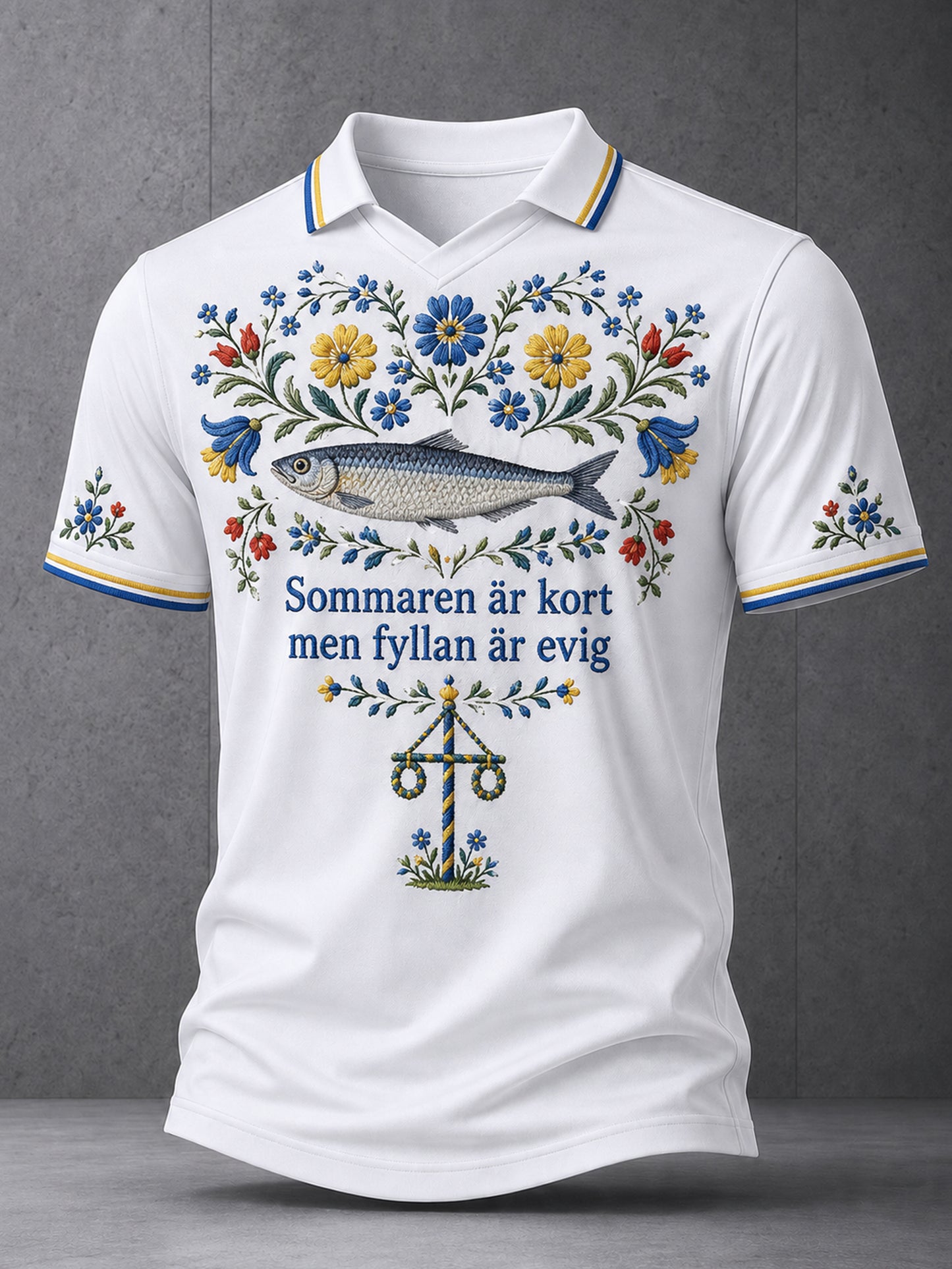 Herrtröja med V-ringning och konstnärlig print: Svensk midsommar- och nationaldagsminnesutgåva
