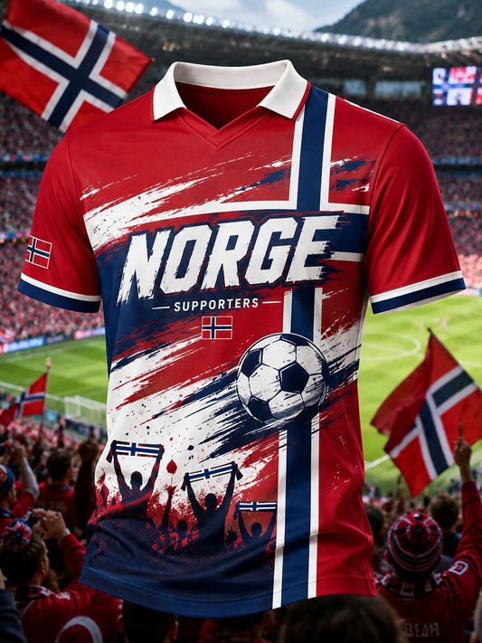 Herrtröja med V-ringning och norsk fotbollskultur- och konsttryck