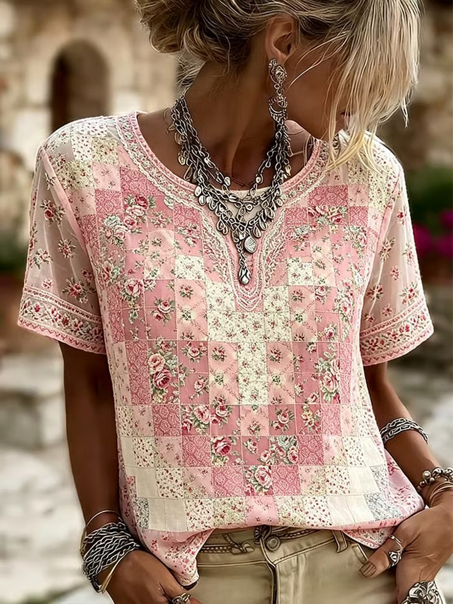 Kvinnors blommigt linne kortärmade T-shirt