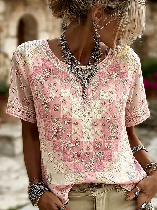 Kvinnors blommigt linne kortärmade T-shirt
