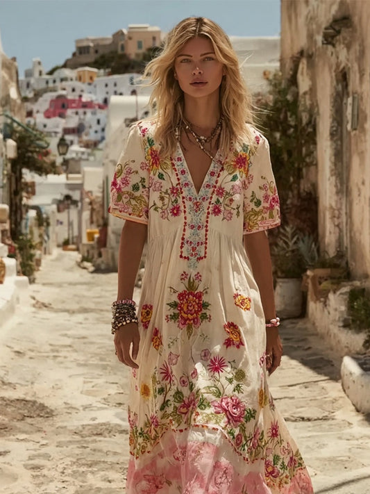 Kvinnors Vintage Boho FLoral konst Print V hals kort ärm Maxi klänning