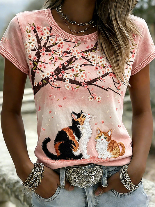 Kvinnors Vintage körsbär Blossom & Katt konst Print Short-T-shirt