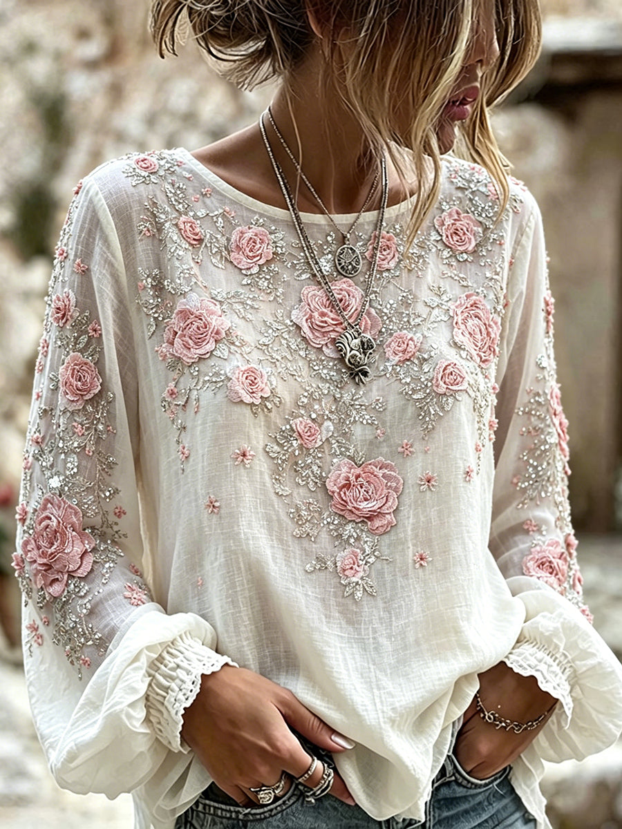 Kvinnors stilfulla rosa Boho rosor Glitter konst Skriv ut bomull-Linen skjorta