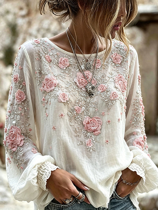 Kvinnors stilfulla rosa Boho rosor Glitter konst Skriv ut bomull-Linen skjorta