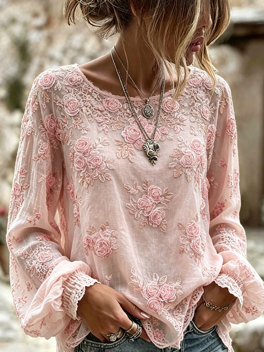 Kvinnors Vintage rosa Boho rosor Konst utskrift bomull-Linen skjorta