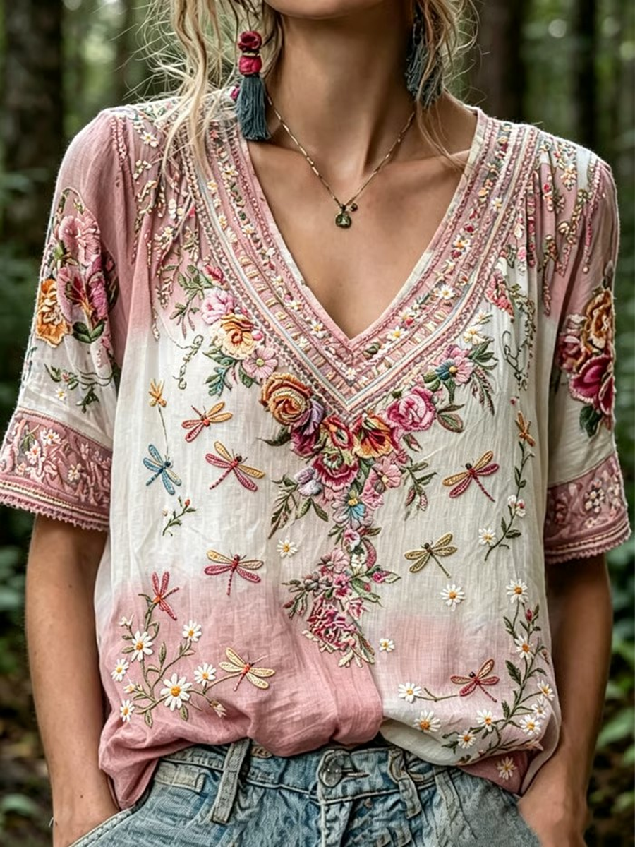 Kvinnors blommiga tryck Midt-längd ärmar V-hals T-shirt