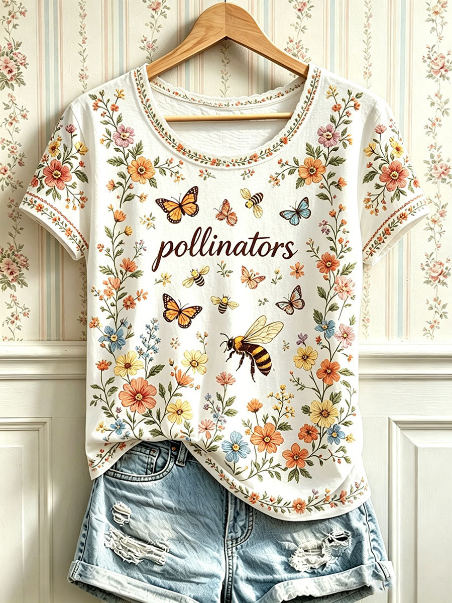 Kvinnor Pollinator Bee Butterfly Floral Print Casual T-shirt