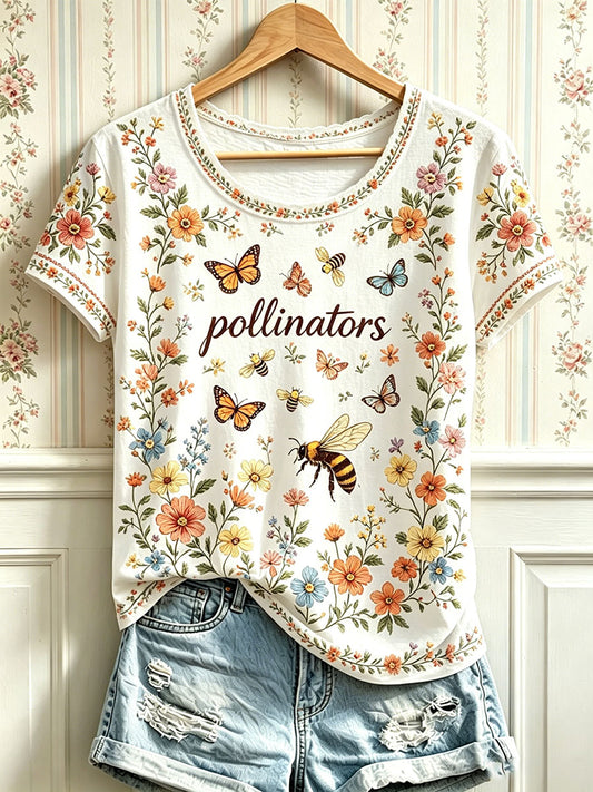 Kvinnor Pollinator Bee Butterfly Floral Print Casual T-shirt