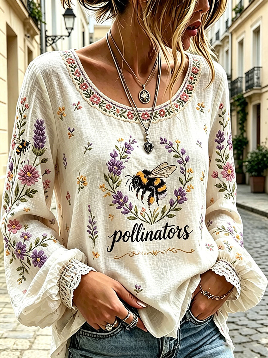 Kvinnpollinator Bee Floral Print Casual bomull-Linen skjorta