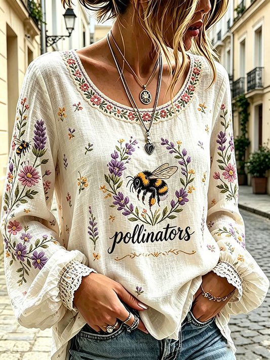 Kvinnpollinator Bee Floral Print Casual bomull-Linen skjorta
