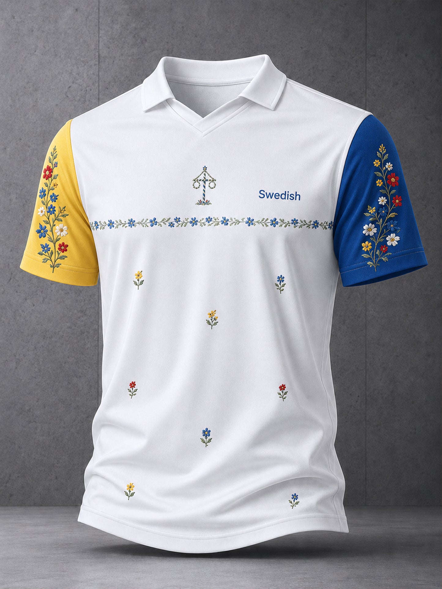 Herrpolotröja med konsttryck till minne av midsommar och nationaldagen i Sverige
