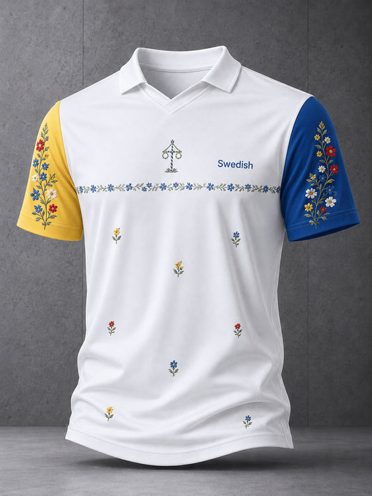 Herrpolotröja med konsttryck till minne av midsommar och nationaldagen i Sverige