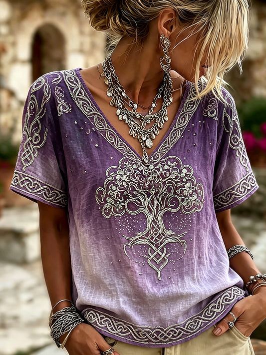 Damer Elegant vikingaträd livets keltiskt tryck linne t-shirt med korta ärmar