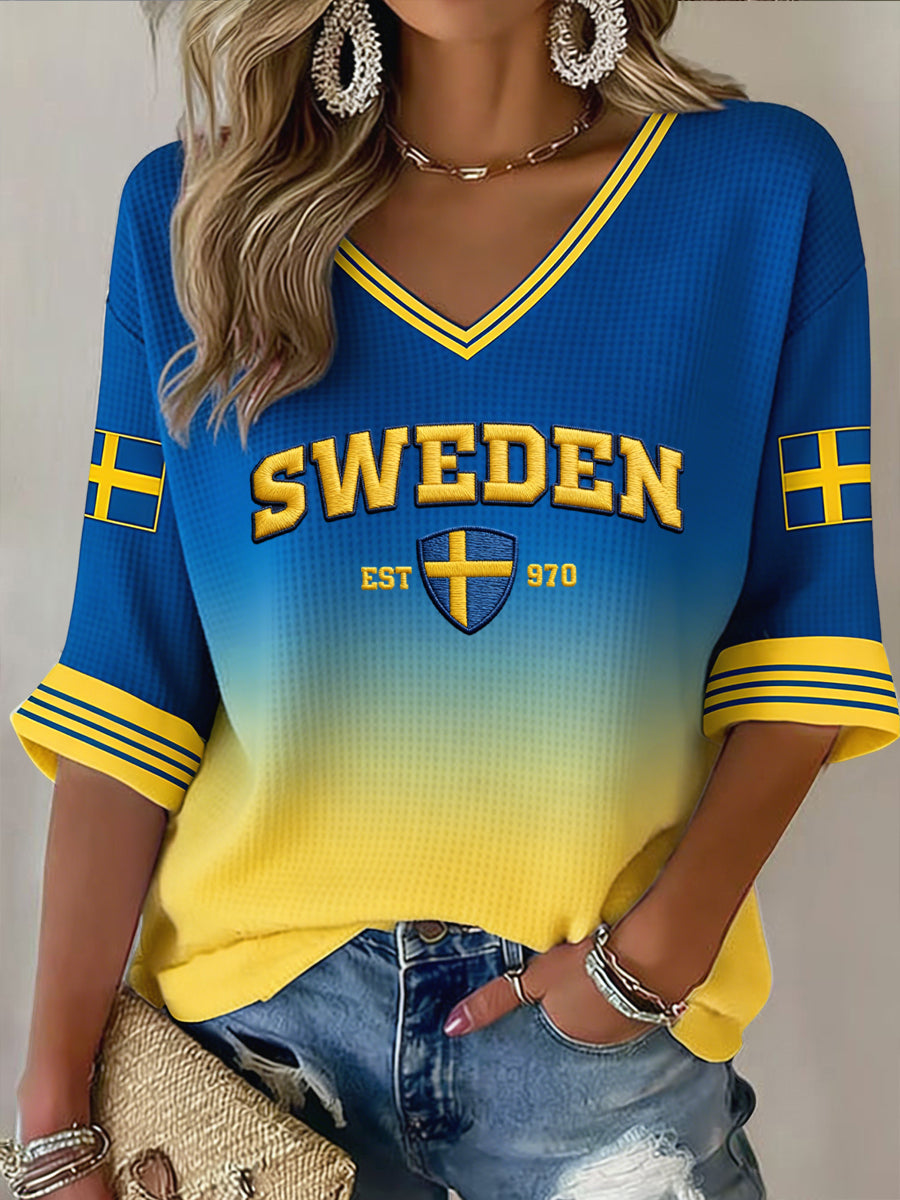 Dammens retro Sverige 2026 fotbollsfärggradient vafelvävd topp