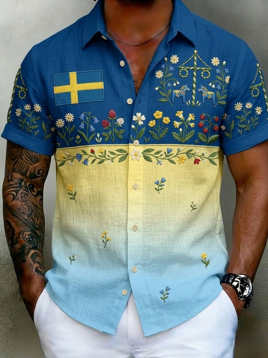 Mansskjortor i retrostil med svensk midsommar- och folkmotiv, i bomull-linne, kortärmade