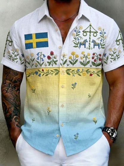 Mansskjortor i retrostil med svensk midsommar- och folkmotiv, i bomull-linne, kortärmade