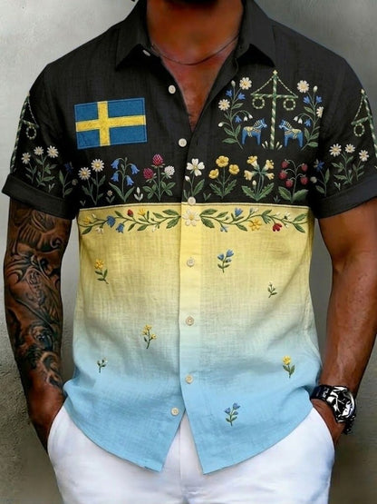 Mansskjortor i retrostil med svensk midsommar- och folkmotiv, i bomull-linne, kortärmade