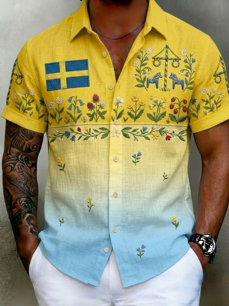 Mansskjortor i retrostil med svensk midsommar- och folkmotiv, i bomull-linne, kortärmade