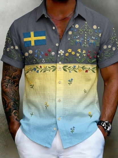 Mansskjortor i retrostil med svensk midsommar- och folkmotiv, i bomull-linne, kortärmade