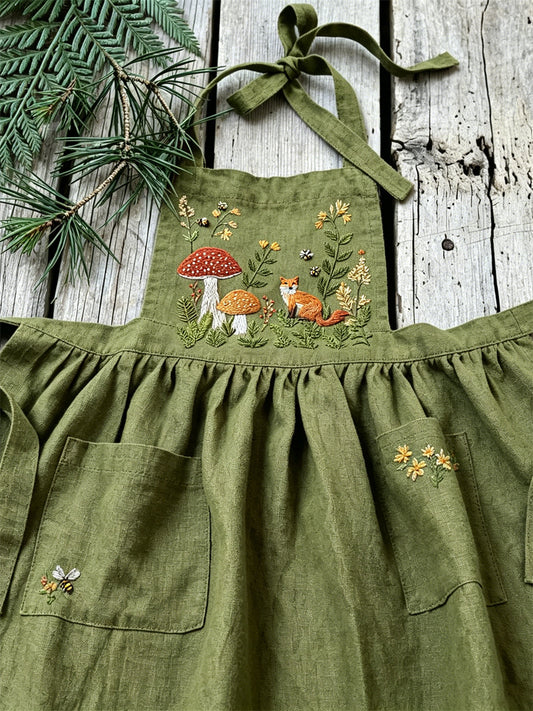Kvinnors Vintage Forest Fox Svamp Floral Print Pleated linne Maxi Pinafore Klänning