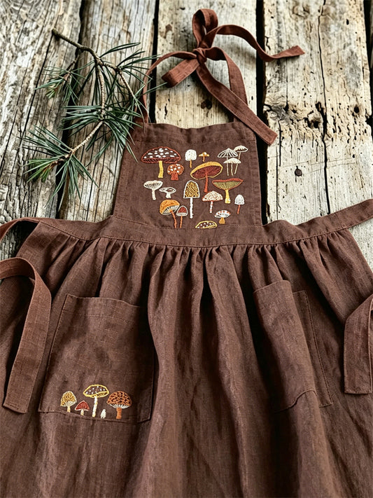 Kvinnors Vintage Forest Svamp mönster Patch Fickor fyllda Maxi Pinafore Klänning
