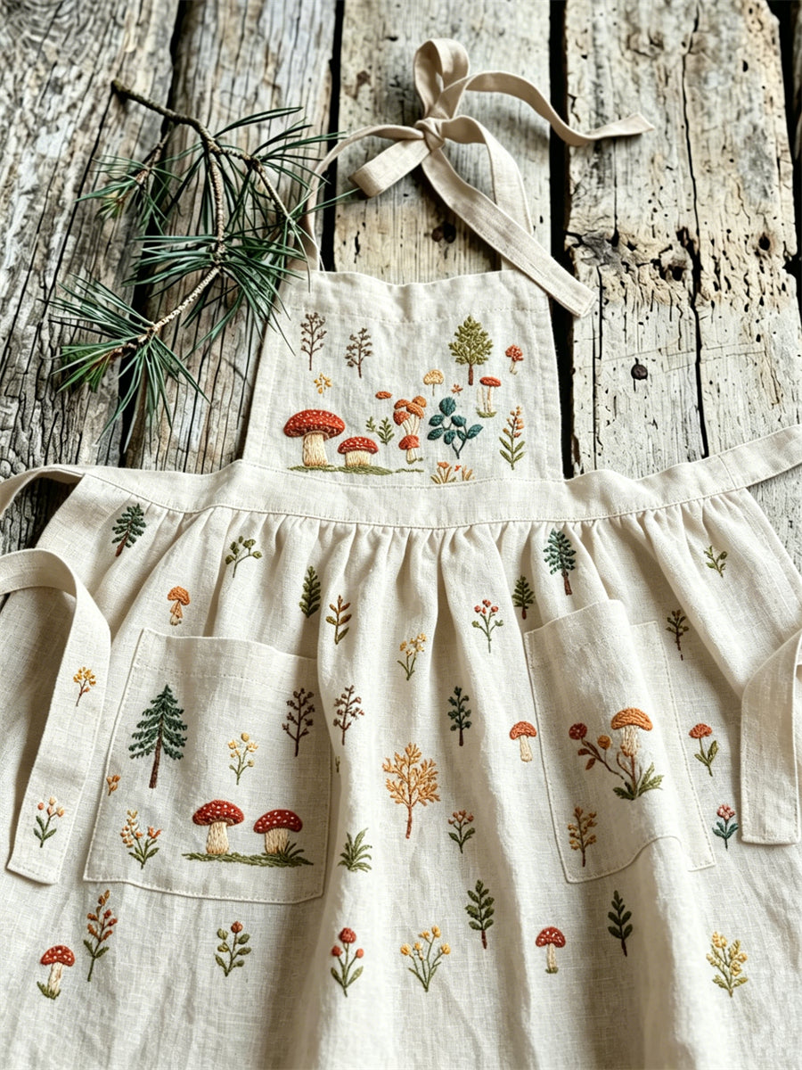 Kvinnors skog svamp växter Mönster Vintage Pleated linne Maxi Pinafore Klänning