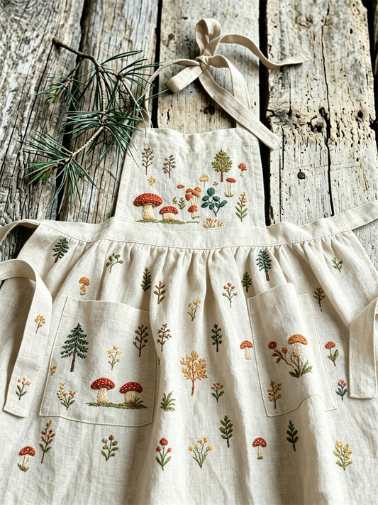 Kvinnors skog svamp växter Mönster Vintage Pleated linne Maxi Pinafore Klänning