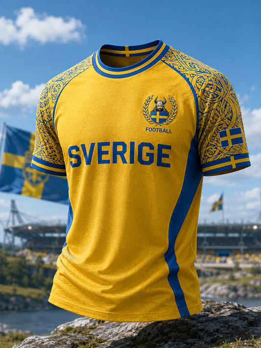 Herrlig retrovikingafotbollströja med motiv, raglanärmar och korta ärmar