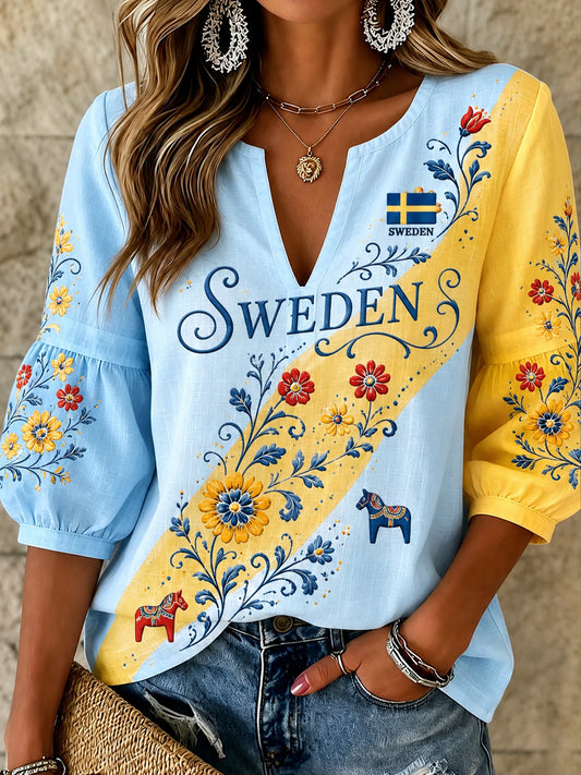 Dammens svenska midsommarminneskonsttryck V-ringad topp