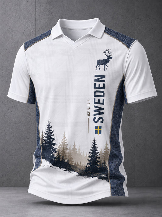 Mans löst sittande bas-T-shirt med V-ringning, tryckt mönster och korta ärmar
