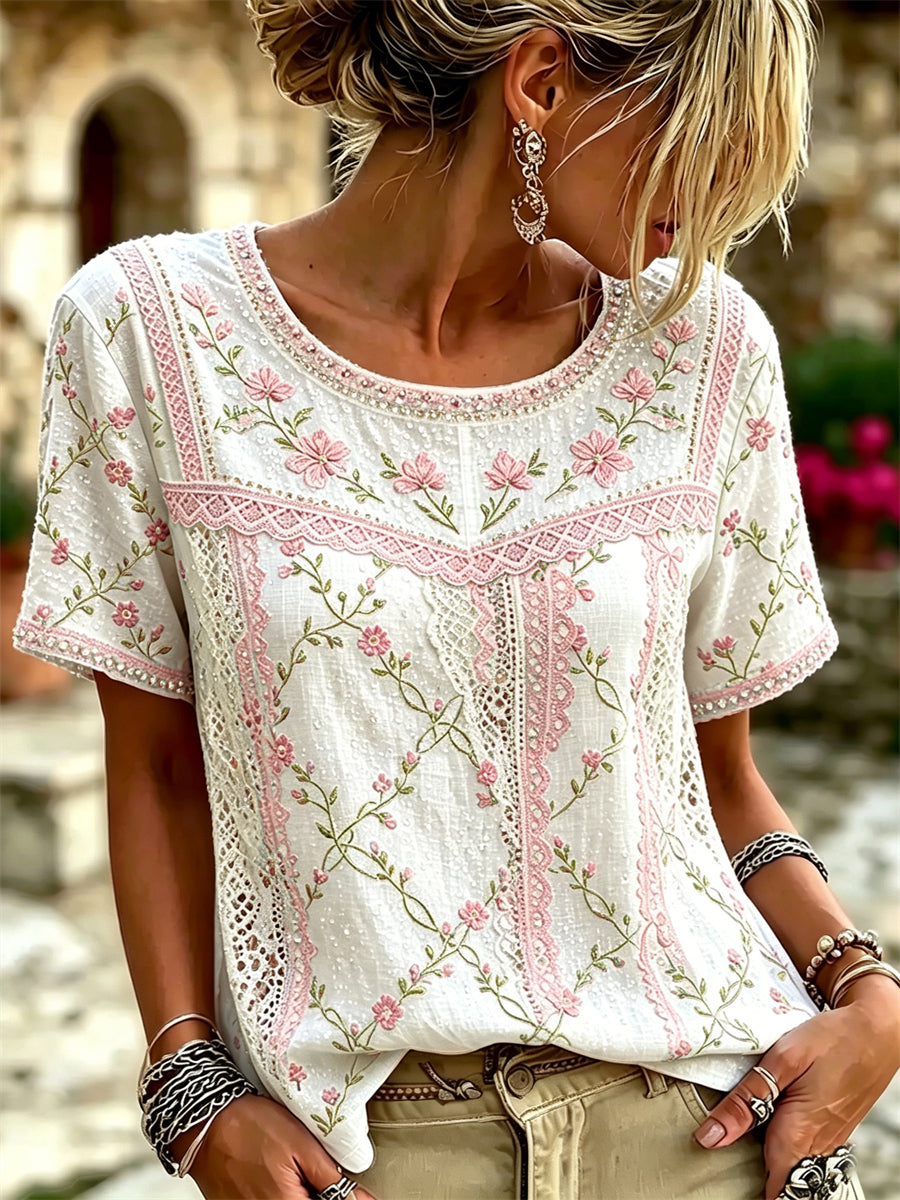 Kvinnors stilfulla stugor Floral Art Print linne kortärmade T-shirta