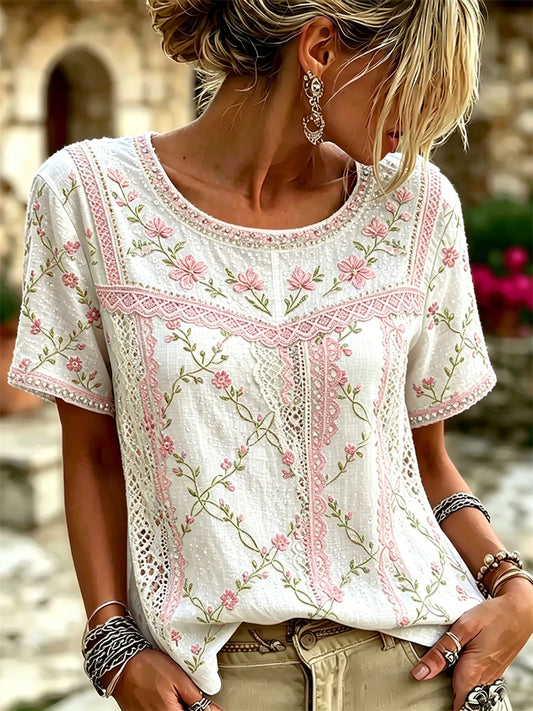 Kvinnors stilfulla stugor Floral Art Print linne kortärmade T-shirta