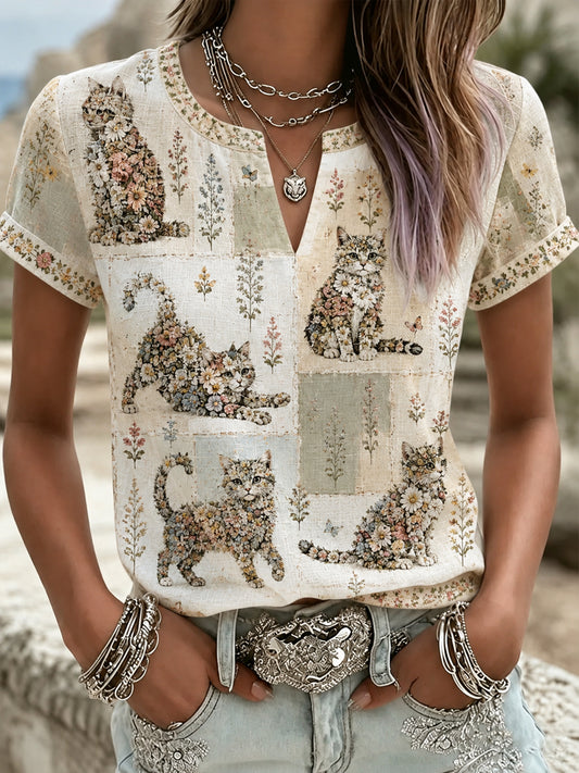 Kvinnlig söt t-shirt med växt- och blomstermönster samt katttryck, V-ringning, i casual stil