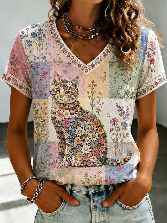 Kvinnors växter och blommor Söt katt tryckt V-hals T-shirt