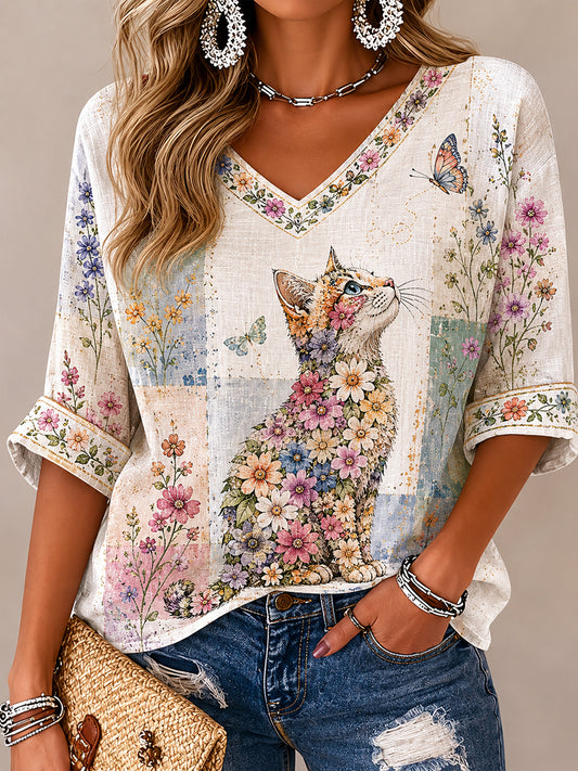 Kvinnors växter och blommor Söt katt Skriv ut Casual T-shirt