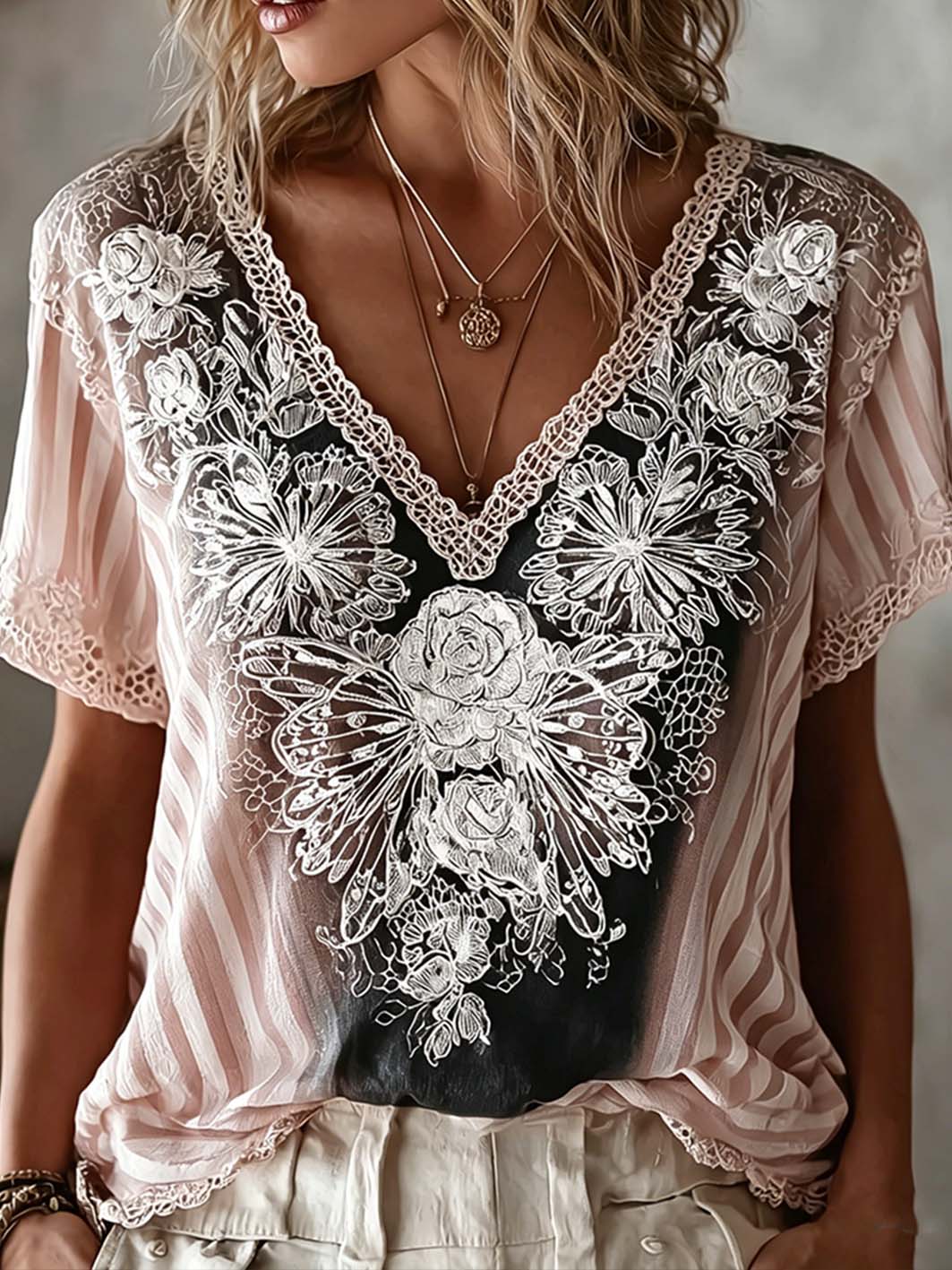 Kvinnors blommiga mönster print linne kortärmade T-shirt