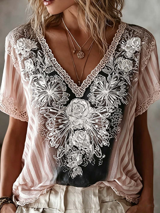 Kvinnors blommiga mönster print linne kortärmade T-shirt