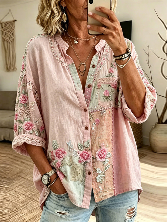 Kvinnors Vintage klassig rosa rosor färgblock konst Skriv ut lin blus