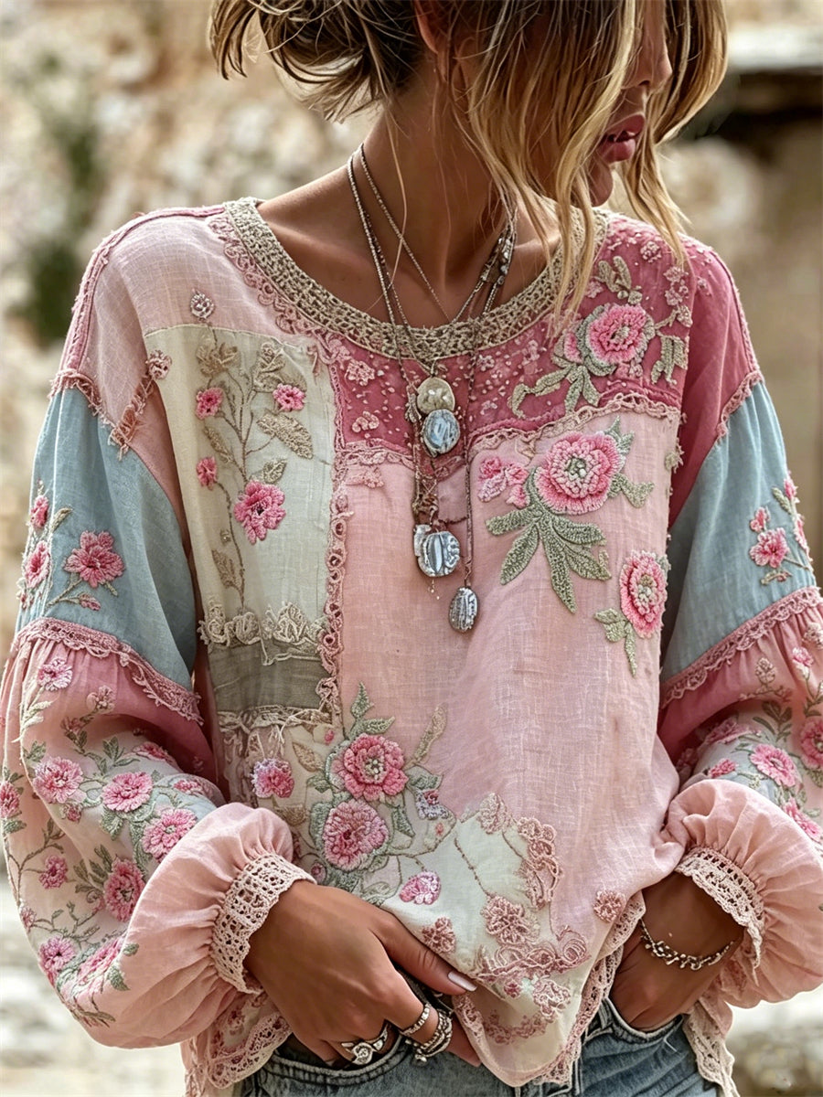 Kvinnors Vintage Boho Floral Färgblock Skriv ut bomull-Linen tröj