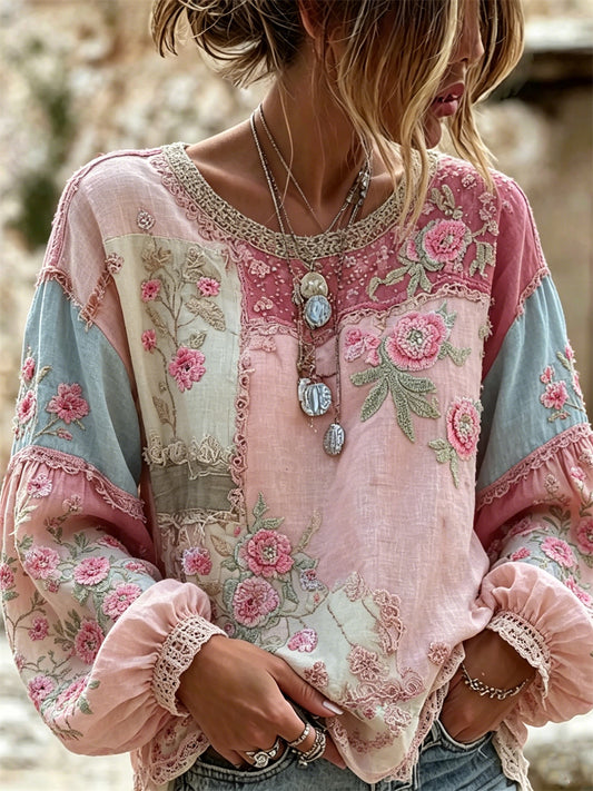 Kvinnors Vintage Boho Floral Färgblock Skriv ut bomull-Linen tröj