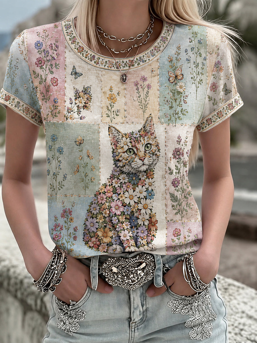 Kvinnors växter och blommor Söt katt tryckt T-shirt