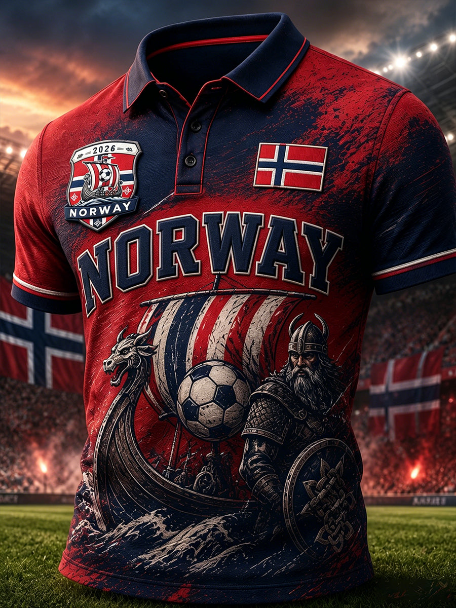 Herrpolotröja i vikingastil med fotbollsmotiv, avslappnad stil och korta ärmarna