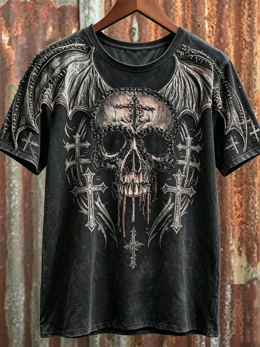 Mäns Rock Style Skull med Bat Wings Cross Art Print korta ärmar t-shirt
